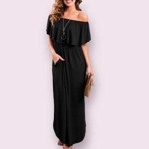 Black Off The Shoulder Ruffle Party Dress with Side Split and Pockets